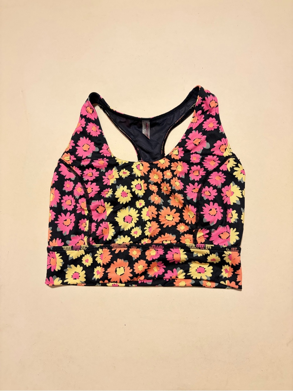 Colorful daisy strappy Sports Bra - Black with Pink & Orange Flowers xs